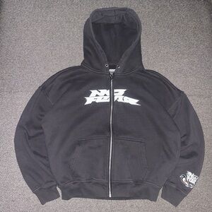 Y2K No Fear Embroidered Gray Full Zip Hoodie Boxy Fit